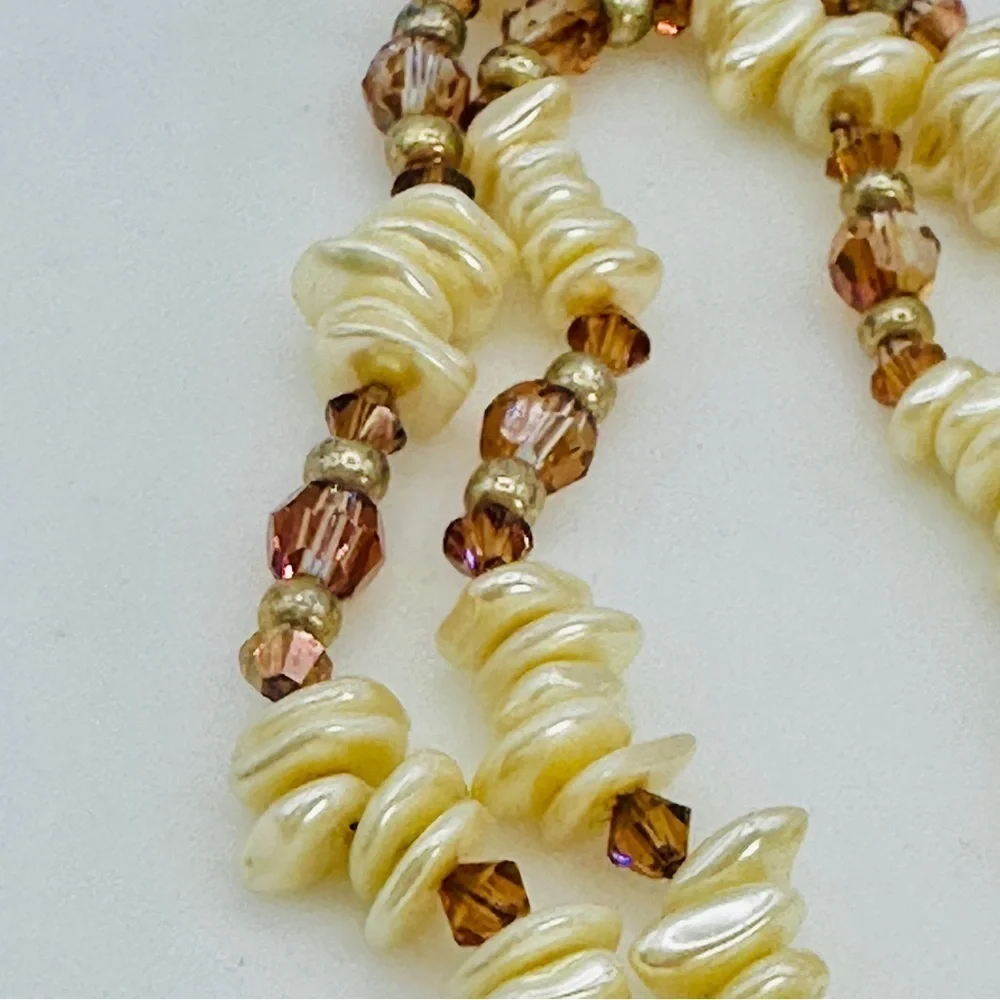 Vintage Stone Pendant Necklace Embroidery Bead Edge Leather Back 25” Long 70s